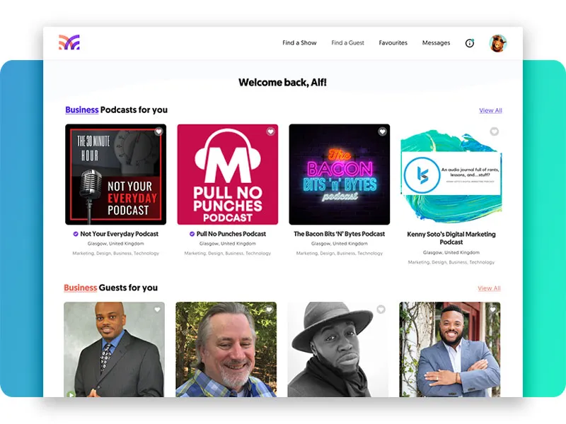 A screenshot of the MatchMaker.fm platform showing show and guest recommendations