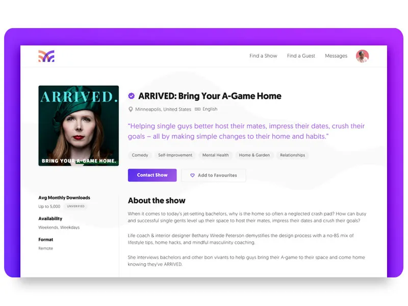 Screenshot of the MatchMaker.fm platform showing an example show profile