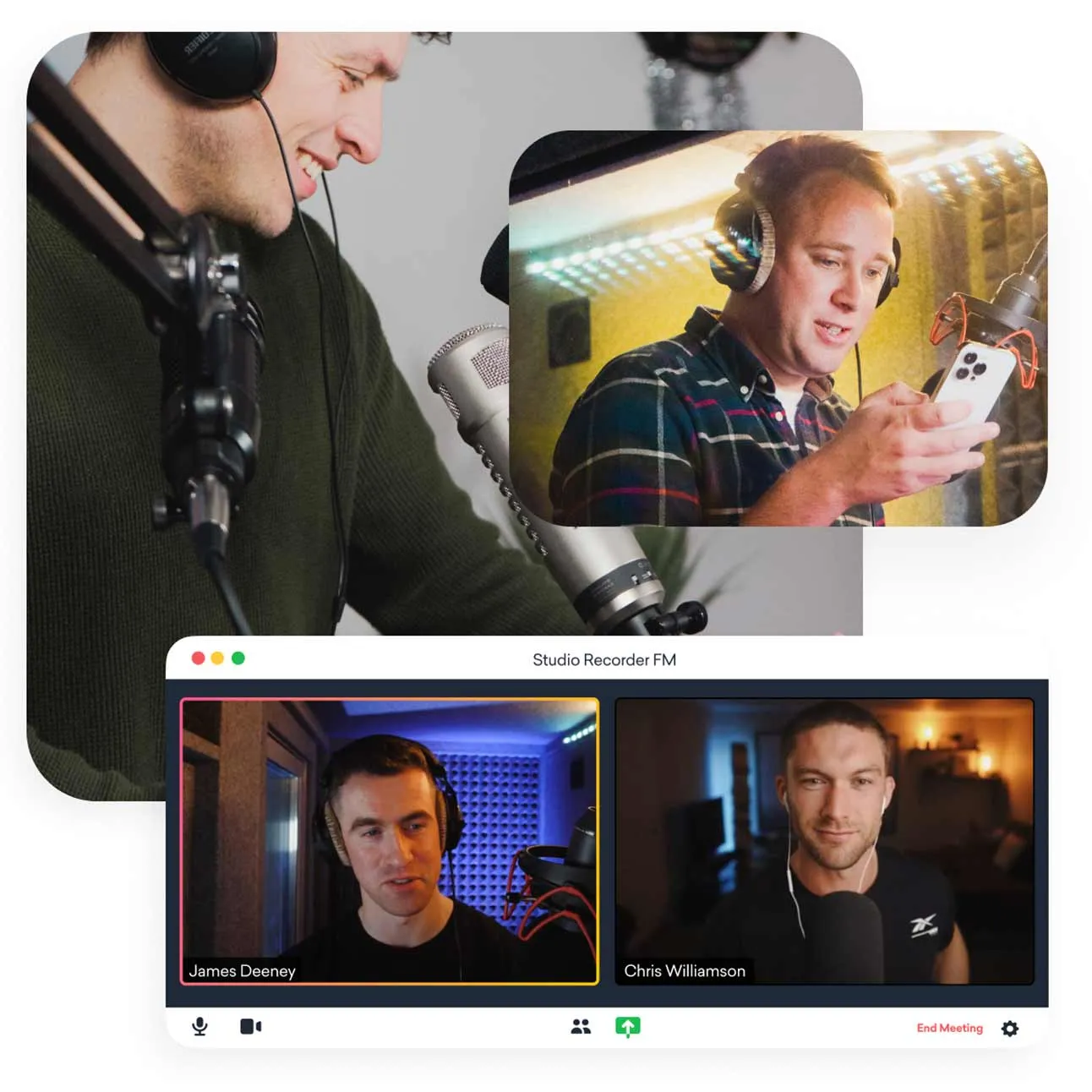 Montage of images showing various podcast recording methods. In the booth, In the Studio and recording remotely